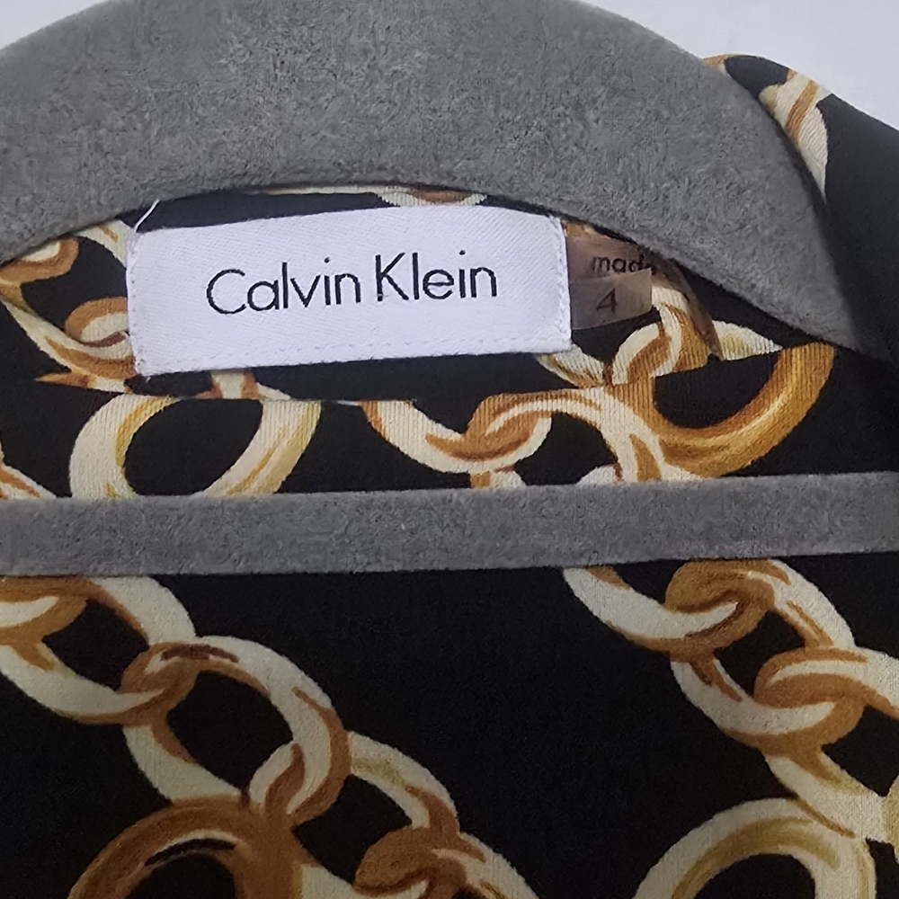 Calvin Klein Chain Faux Wrap Black Gold Chain Pattern Dress Size 4 EUC - Picture 5 of 12